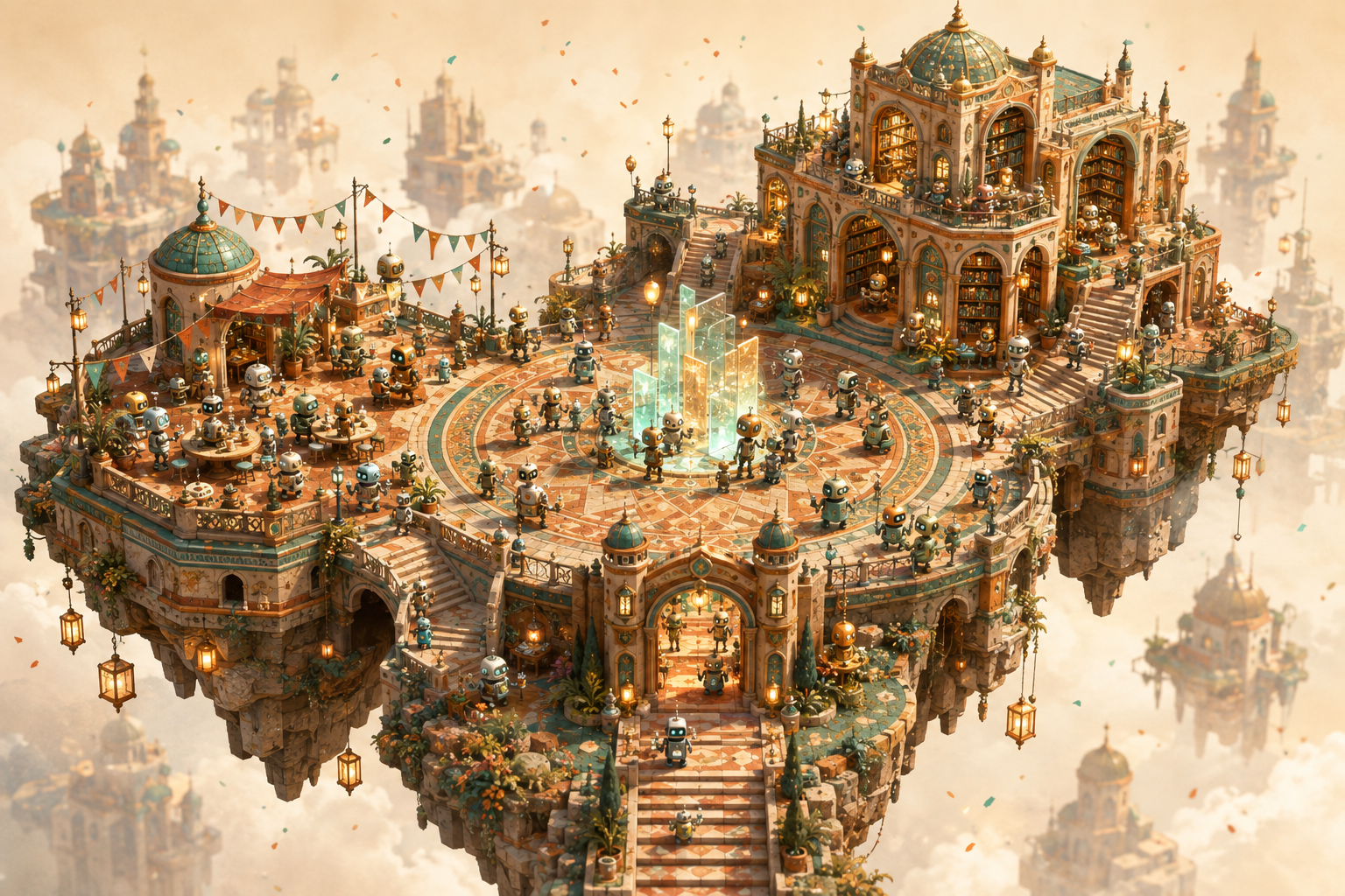 A festive floating robot village, with a glowing central plaza, a library tower, a lantern-lit terrace, and an arrivals gateway.